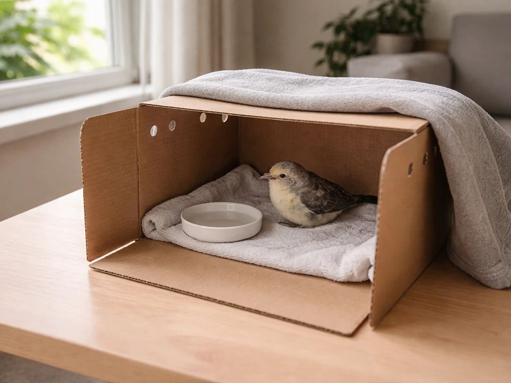Small pet bird resting in a ventilated carrier near an open window, with water and a cover.
