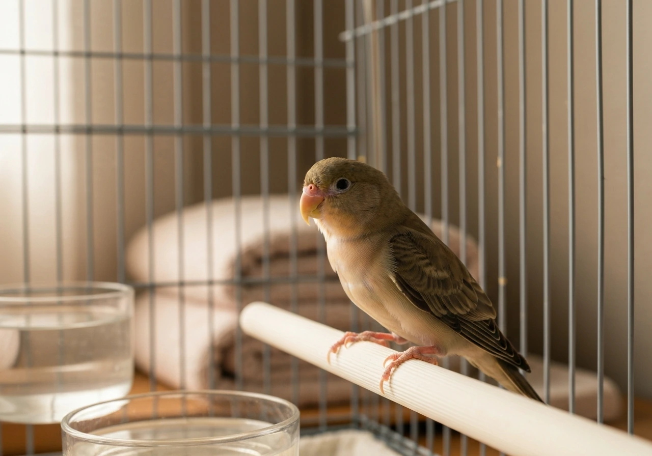 A small pet bird perched indoors, subtly breathing, in a simple cage setup suggesting gentle home care.