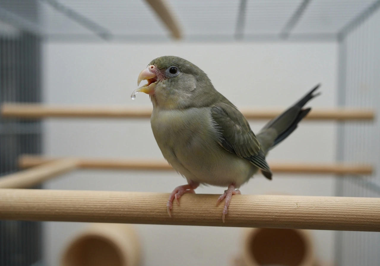 Calm pet bird close-up showing open-mouth breathing and slight tail bobbing with watery discharge near beak