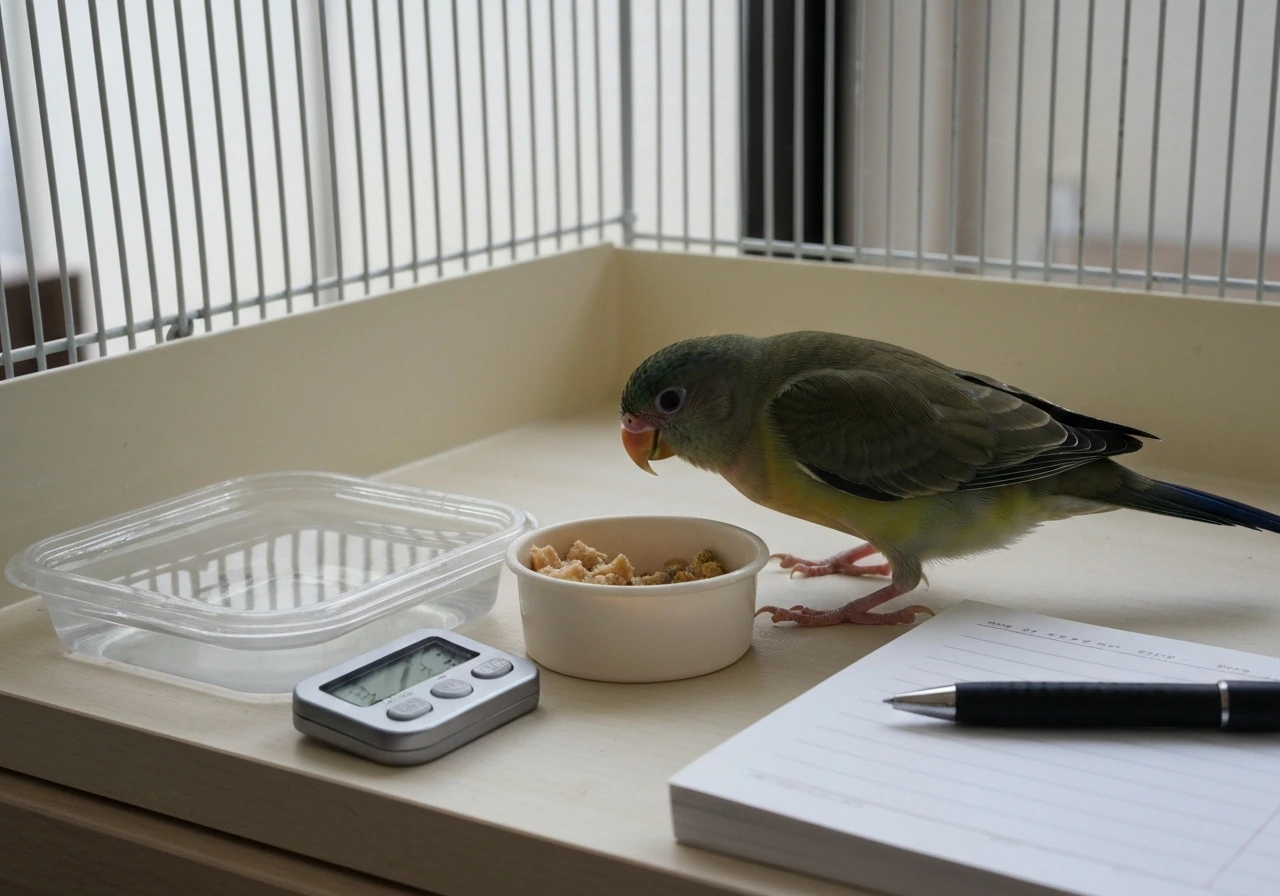 Small pet bird drinking water while soft food is offered nearby in easy-to-reach containers.
