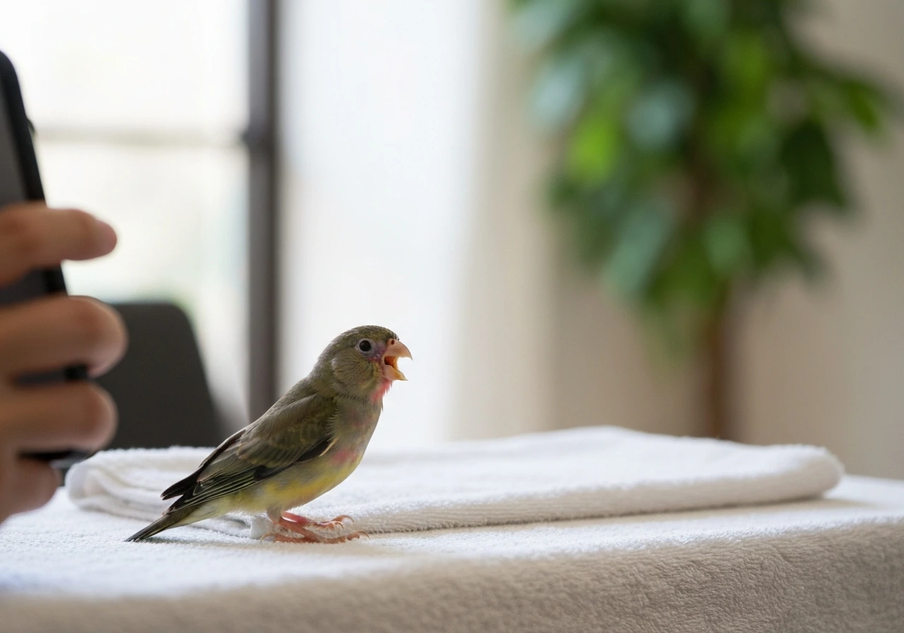 Close-up of a small pet bird showing urgent breathing posture beside a person holding a phone to call an avian vet