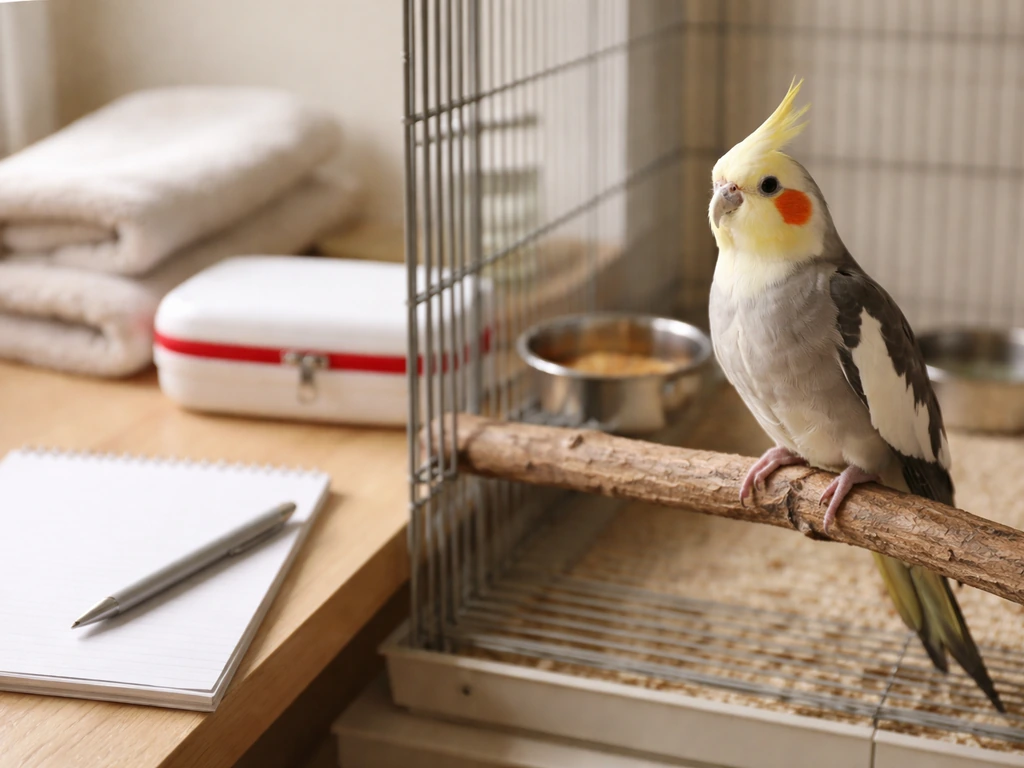 Alert cockatiel perched near a small pet first-aid kit and blank observation supplies for vigilance.