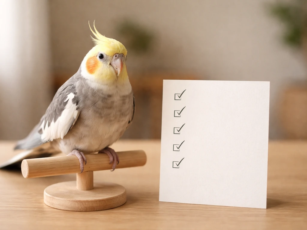 Cockatiel perched near a small handwritten symptom checklist card, softly lit in a home setting.