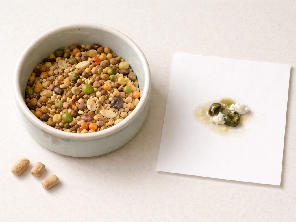 Top-down view of a cockatiel food bowl and droppings on white paper for color comparison.