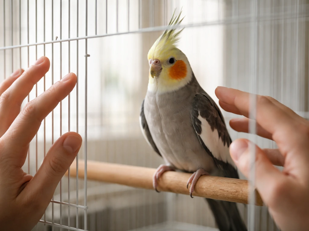 Caregiver’s hands observing a calm cockatiel’s chest in natural light inside a simple cage