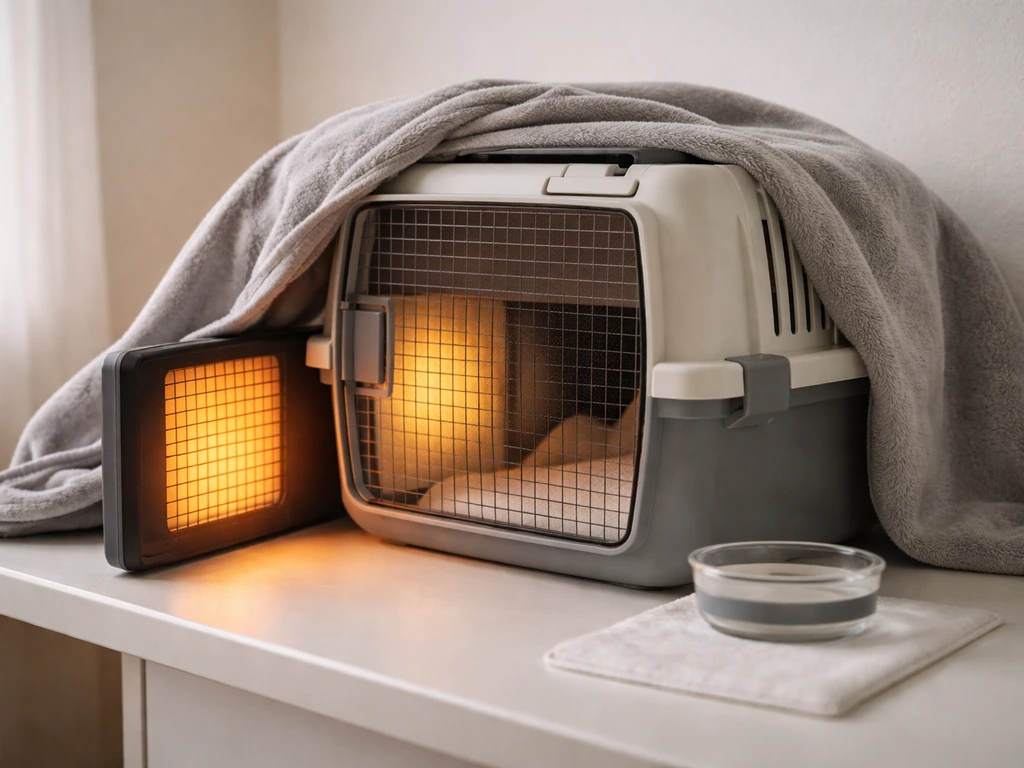 Warmth setup beside a covered pet carrier with a safe heating pad for an at-home bird.