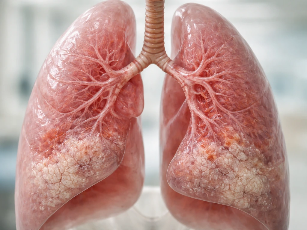 Close-up clinical view of lungs showing inflammation and early fibrosis in a minimal hospital setting