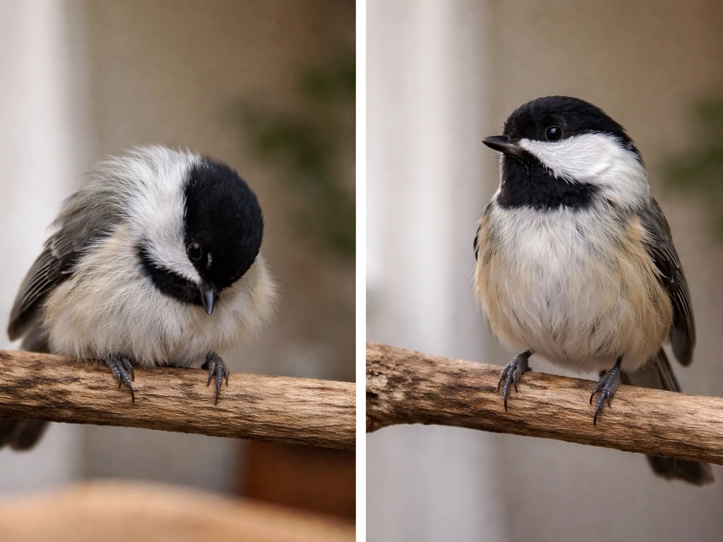 Two similar bird states on a perch—one fluffed and lowered, one alert—showing “fainting-like” differences
