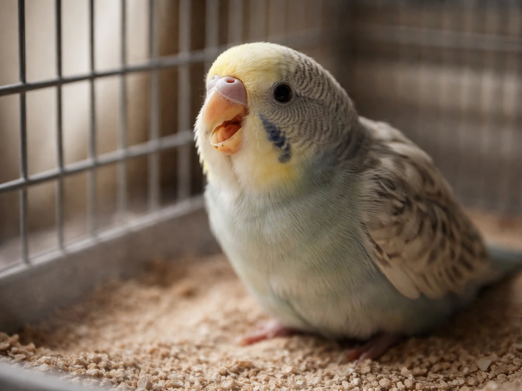 Close-up of a small pet bird with slightly open beak breathing in a simple cage with dusty bedding