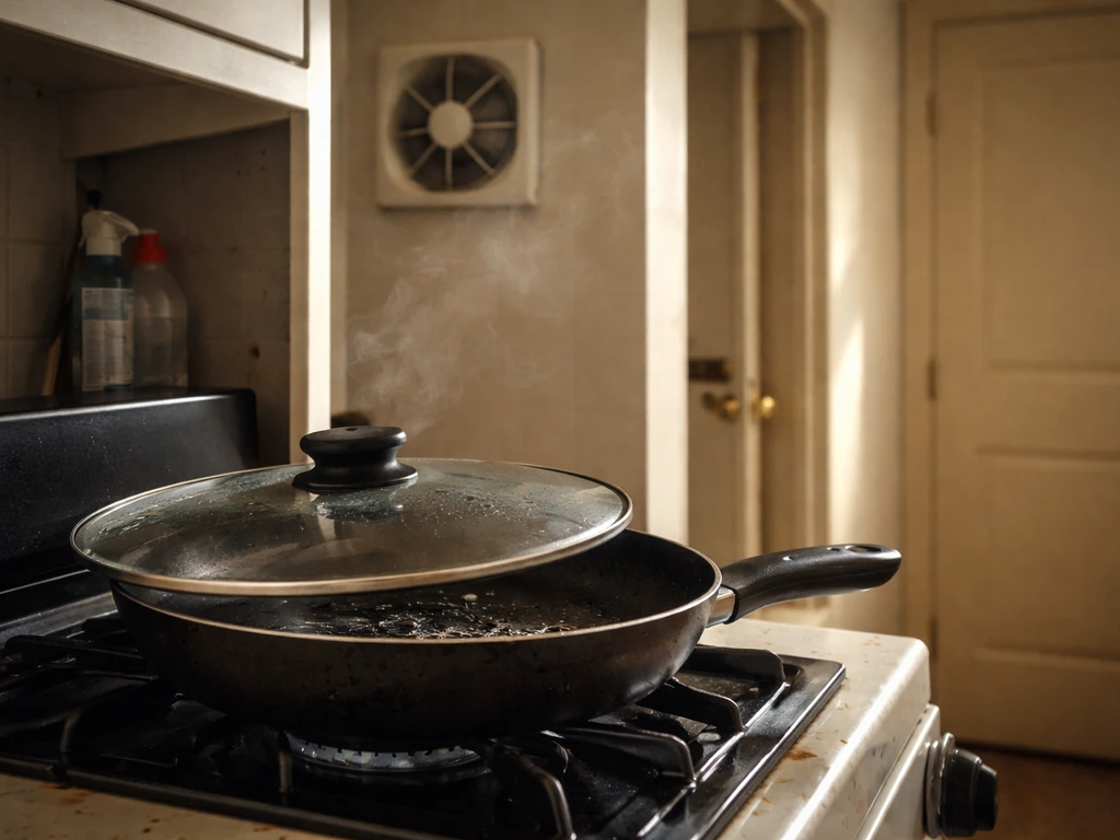 Non-stick pan and nearby ventilation in a kitchen, suggesting household toxin danger around birds.