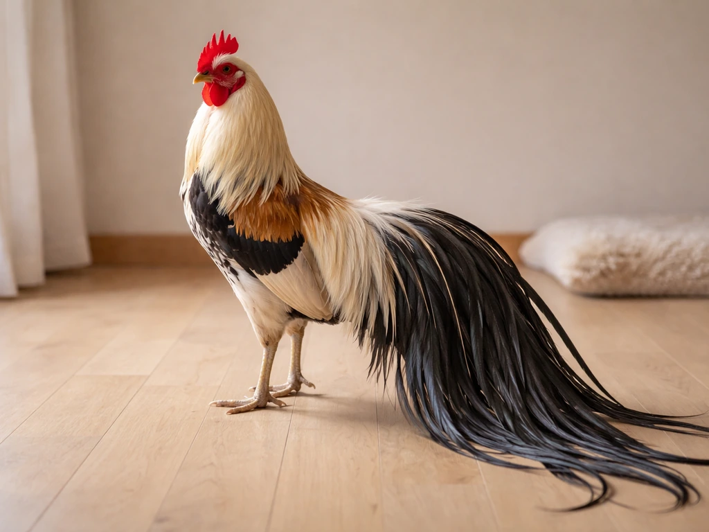 Ornamental long-tailed Korean hwarang chicken standing upright with flowing tail feathers indoors.