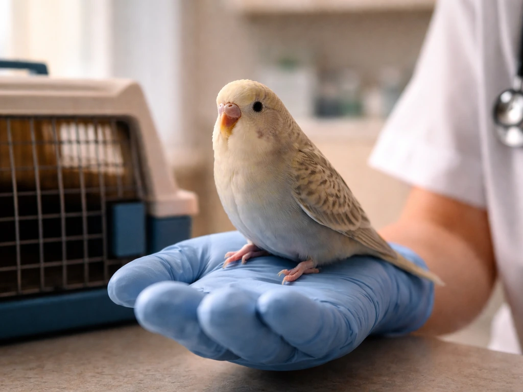 Single pet bird being gently examined in a calm veterinary setting near a carrier