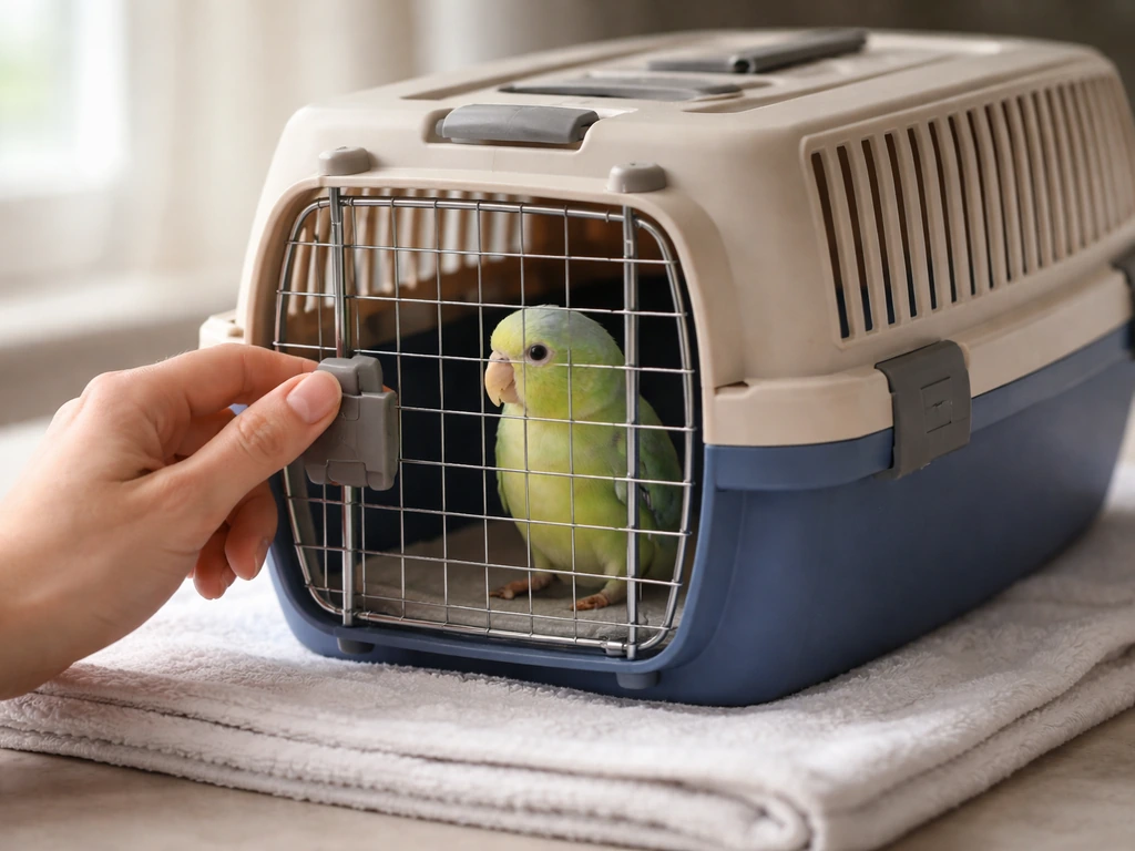 A small bird secured in a ventilated carrier while a hand prepares for urgent vet transport.