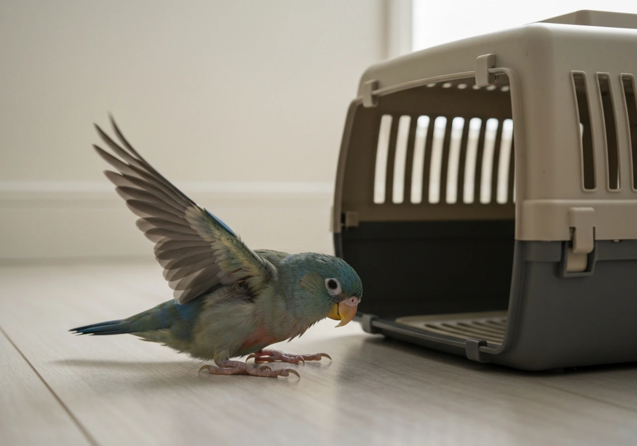 Small pet bird in a simple carrier showing hunched distress with one wing flaring abnormally.