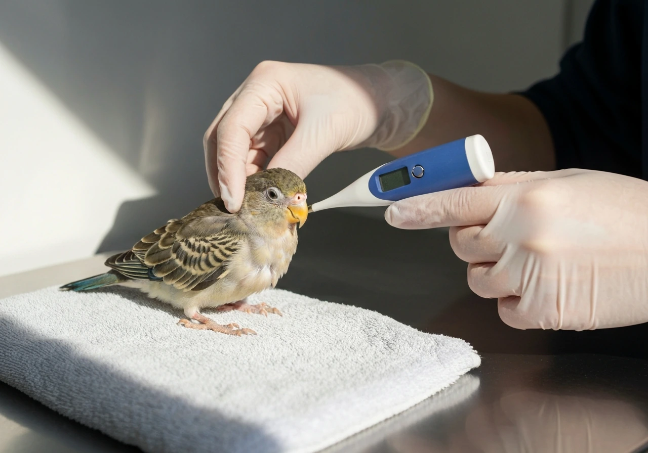 Vet gently checks a small bird’s eyes and body warmth with a thermometer in a quiet exam room.