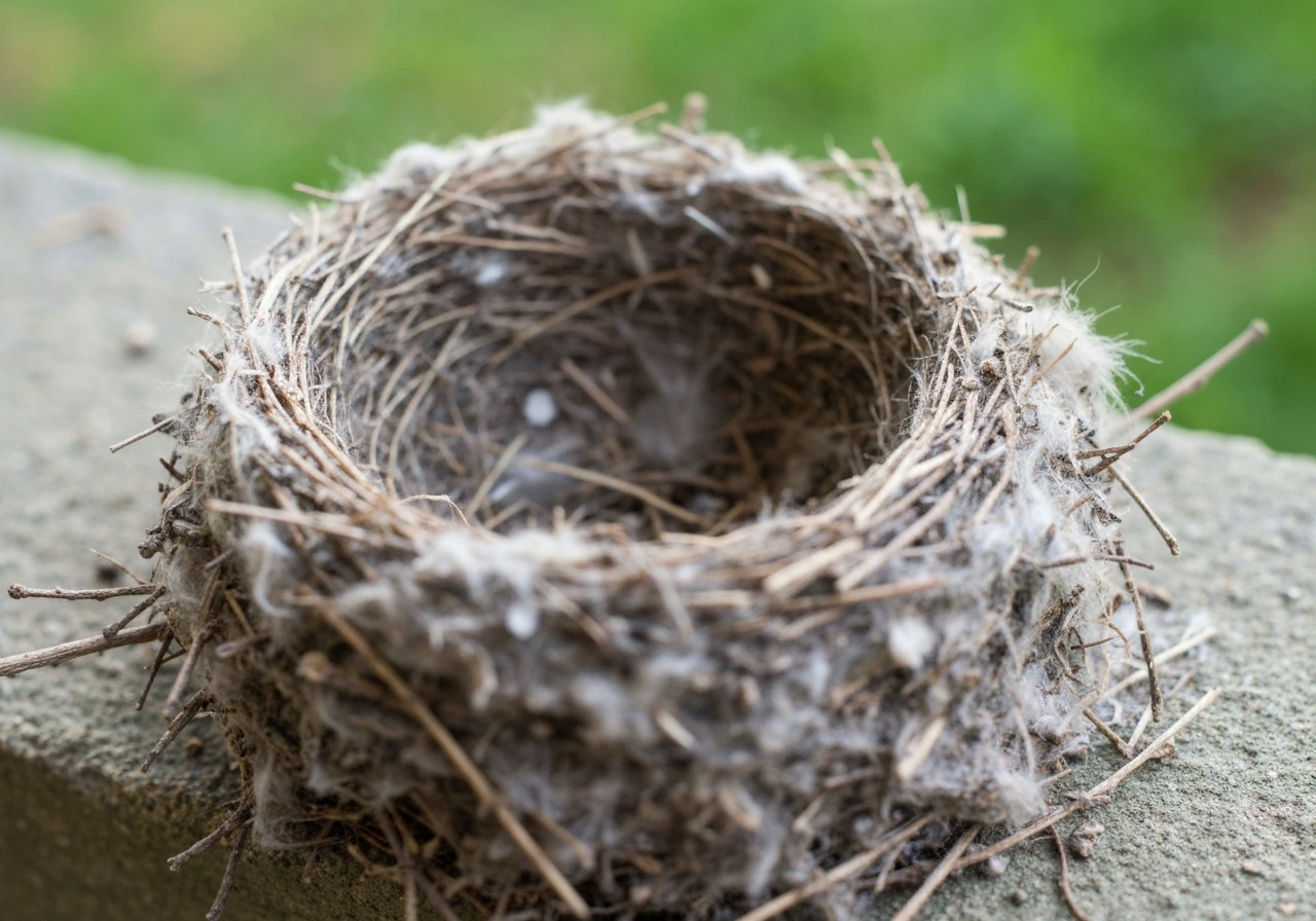 Close-up of a used bird nest interior with twigs, feathers, and dried dirty debris.