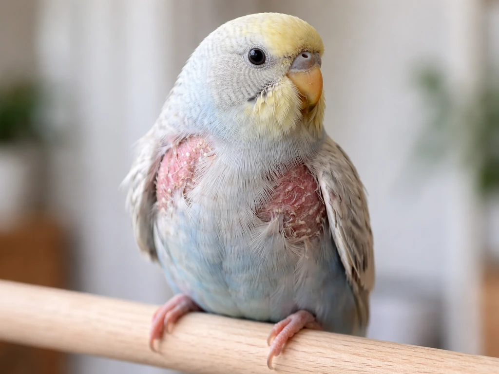 Close-up of a pet bird with visible scaly patches and missing feathers near the skin, well-lit and clear.