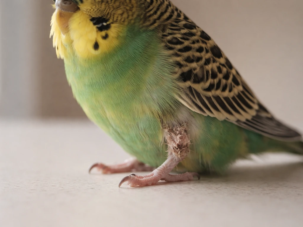 Close-up of a pet bird’s leg/foot with slight scaly skin and subtle feather loss near normal plumage.