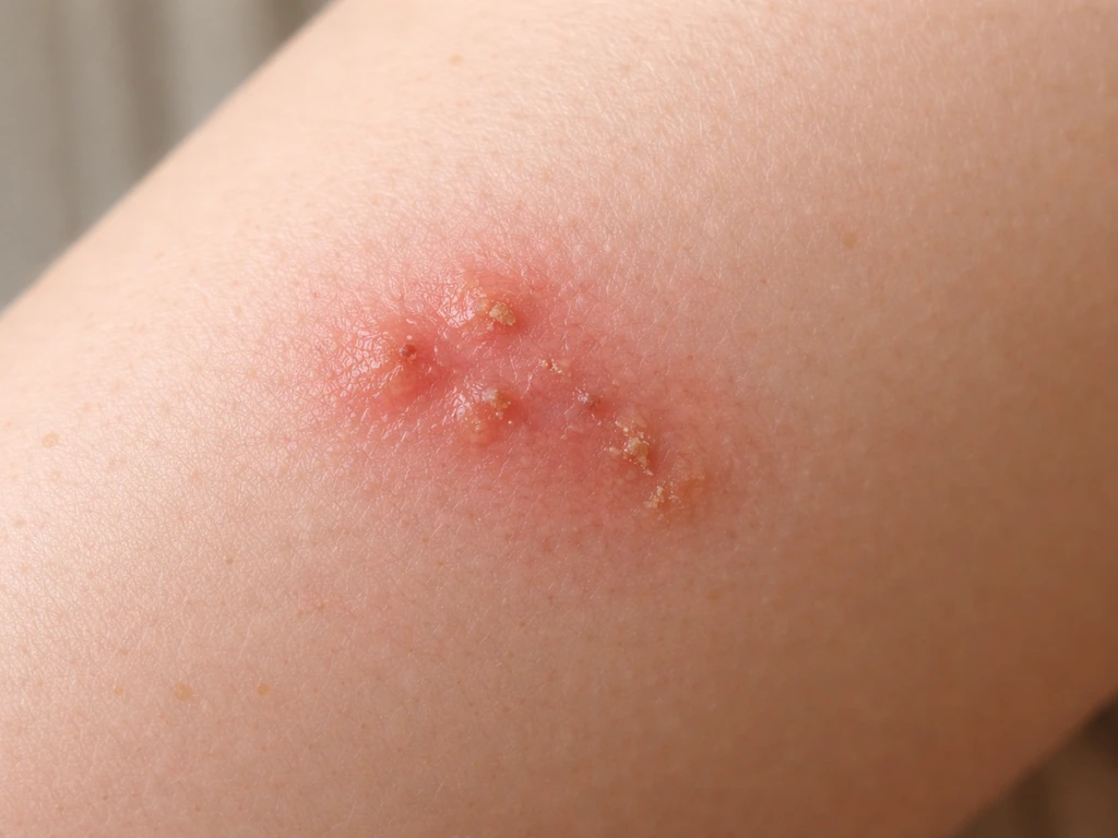 Close-up of a small red, swollen, crusted lesion around inflamed skin follicles.