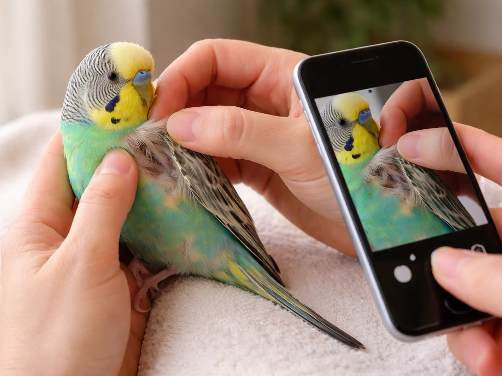 Caregiver gently separates a bird’s feathers and takes a photo for vet documentation