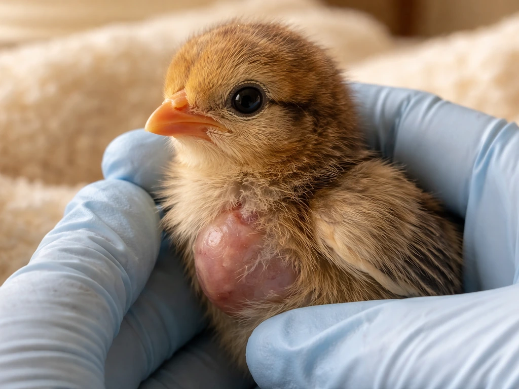 Close-up of a young bird chick being gently assessed, with eyes and crop area visible in a warm recovery setup.