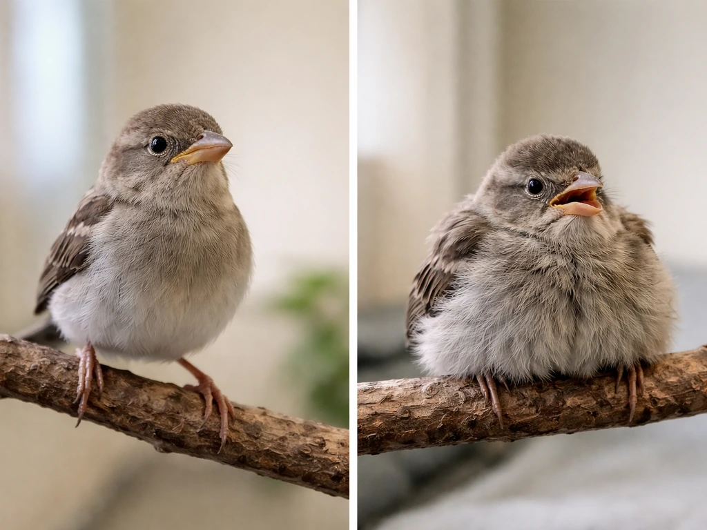 Split view photo of a calm healthy juvenile bird vs a fluffed, low, breathing-posture juvenile bird.