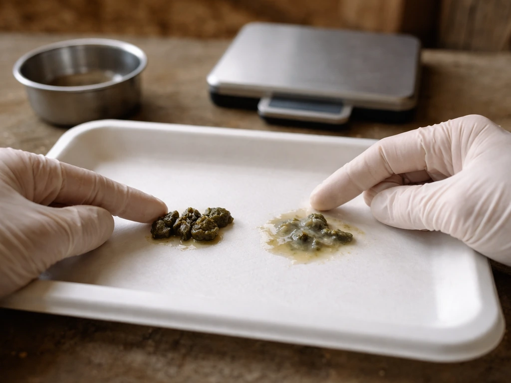 Close-up of a poultry caregiver’s gloved hands examining droppings and a small feed bowl for hydration cues.
