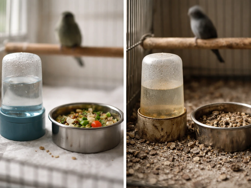 Minimal side-by-side of clean feeder vs visibly dirty feeding area for bird health causes.