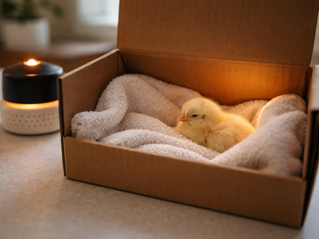 Warm, quiet brooder box with a tiny chick resting under soft heat for at-home stabilization
