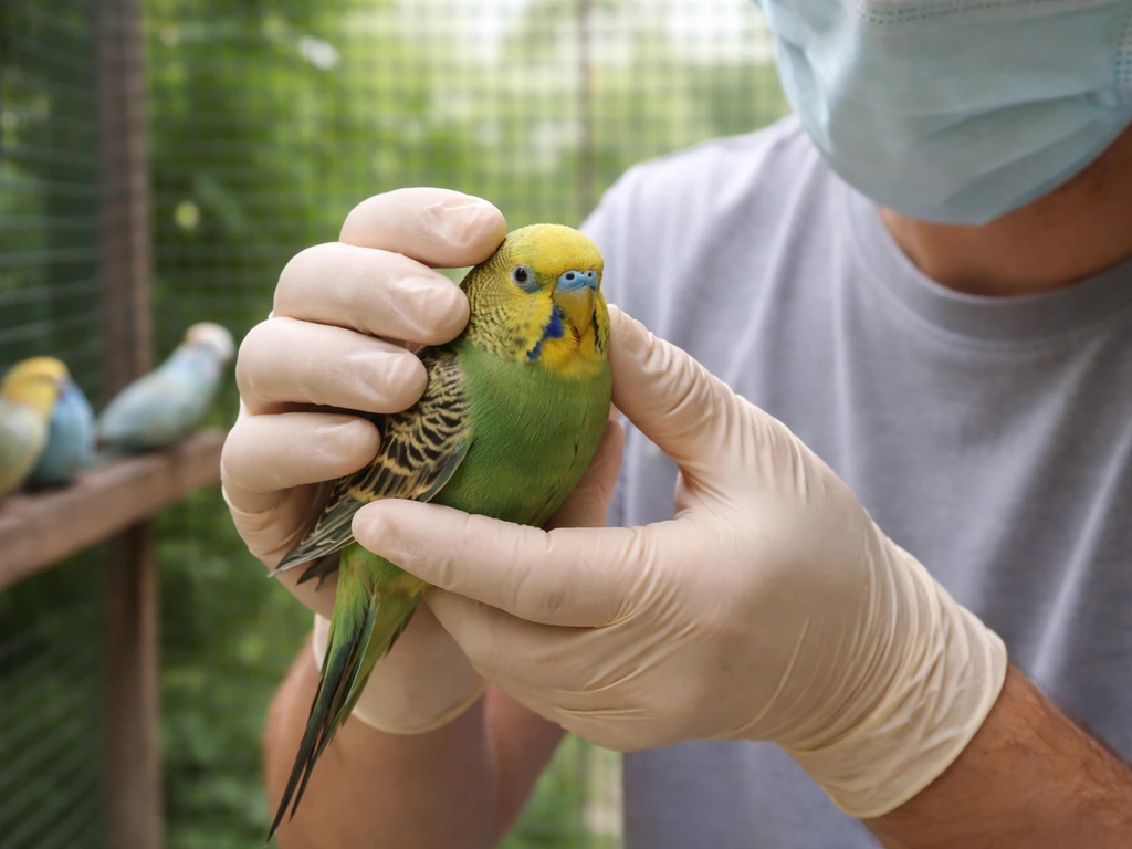 Anonymous bird keeper in protective gear carefully checking a bird in a clean backyard enclosure.