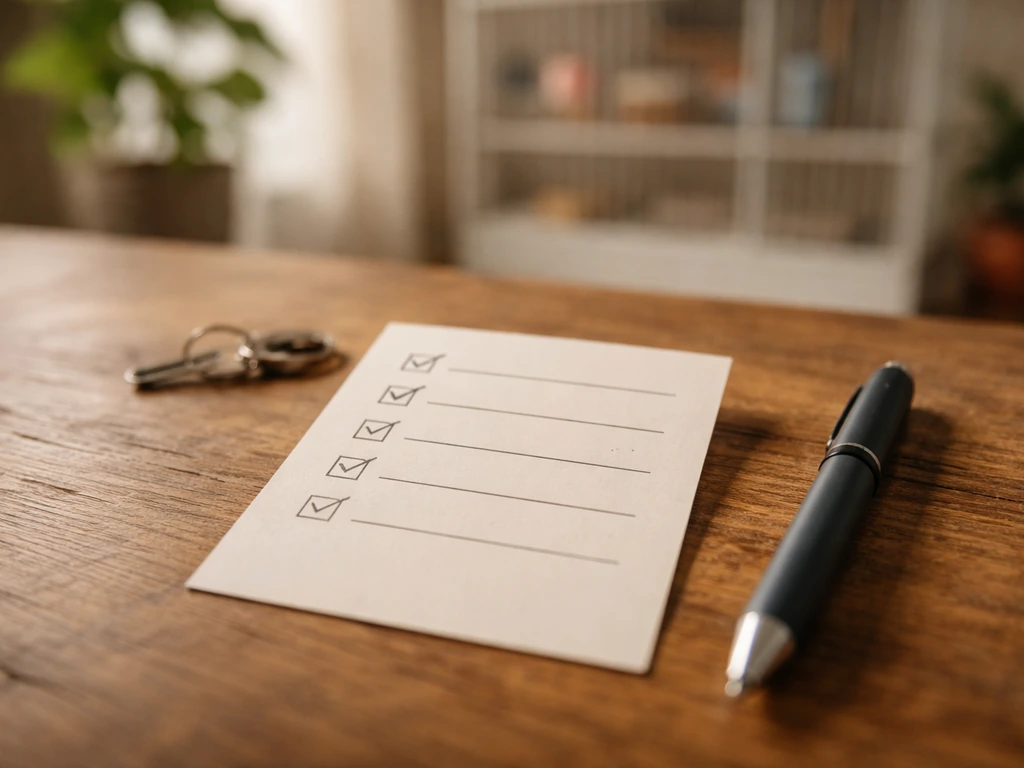 Close-up of a handwritten checklist card for bird symptoms, with blurred aviary background and natural light.