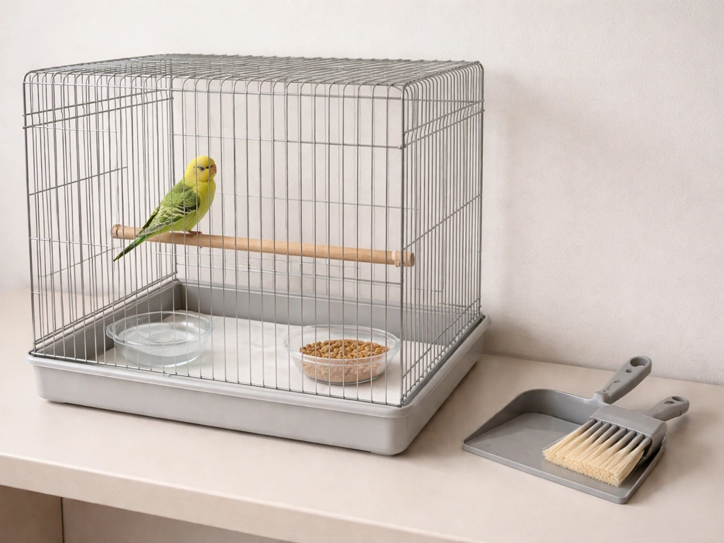 Close-up of a single sick bird isolated in a clean quarantine cage with separate food, water, and cleaning tools
