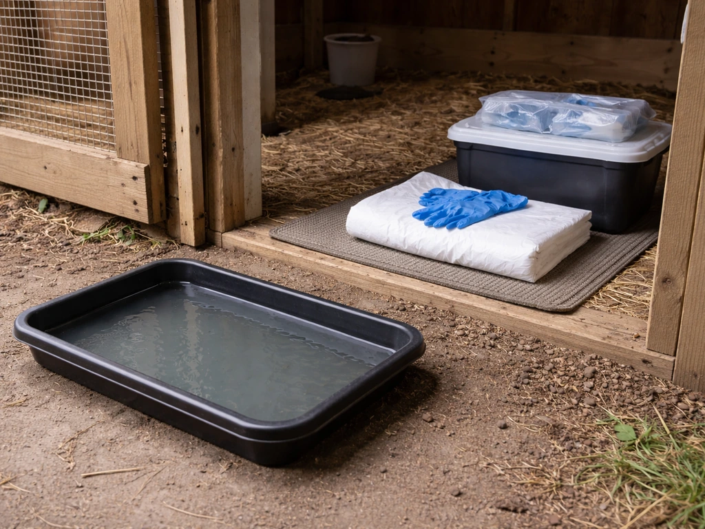 Biosecurity station at a bird coop entrance with footbath, gloves, and sealed supplies for safe handling.