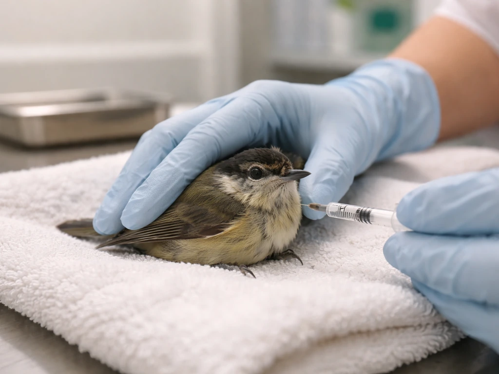 Gloved caregiver urgently tending a small bird on a towel in a clean clinic setting.