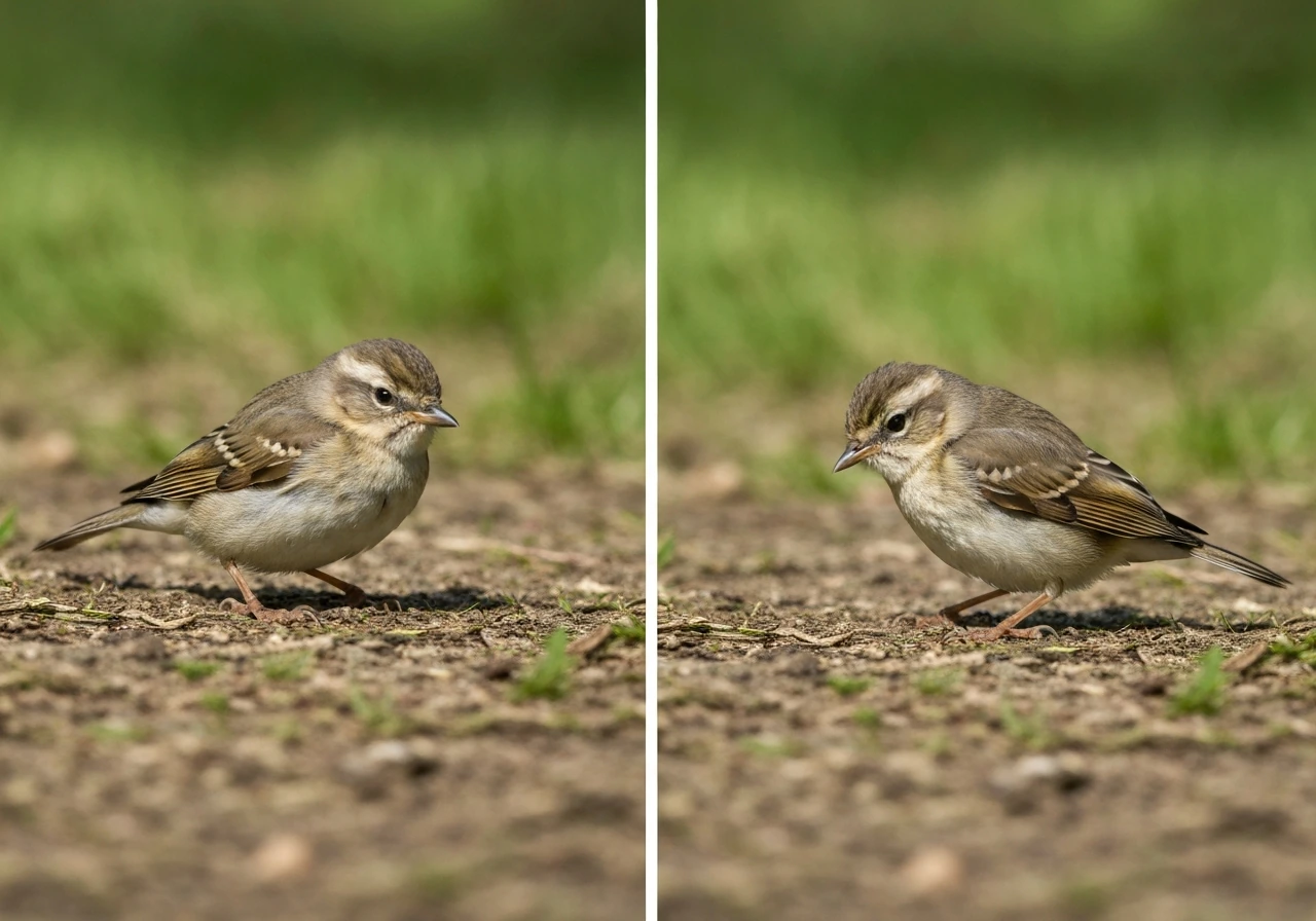 Two views of a small wild bird outdoors—one frantic with tremor blur, one slumped and lethargic.