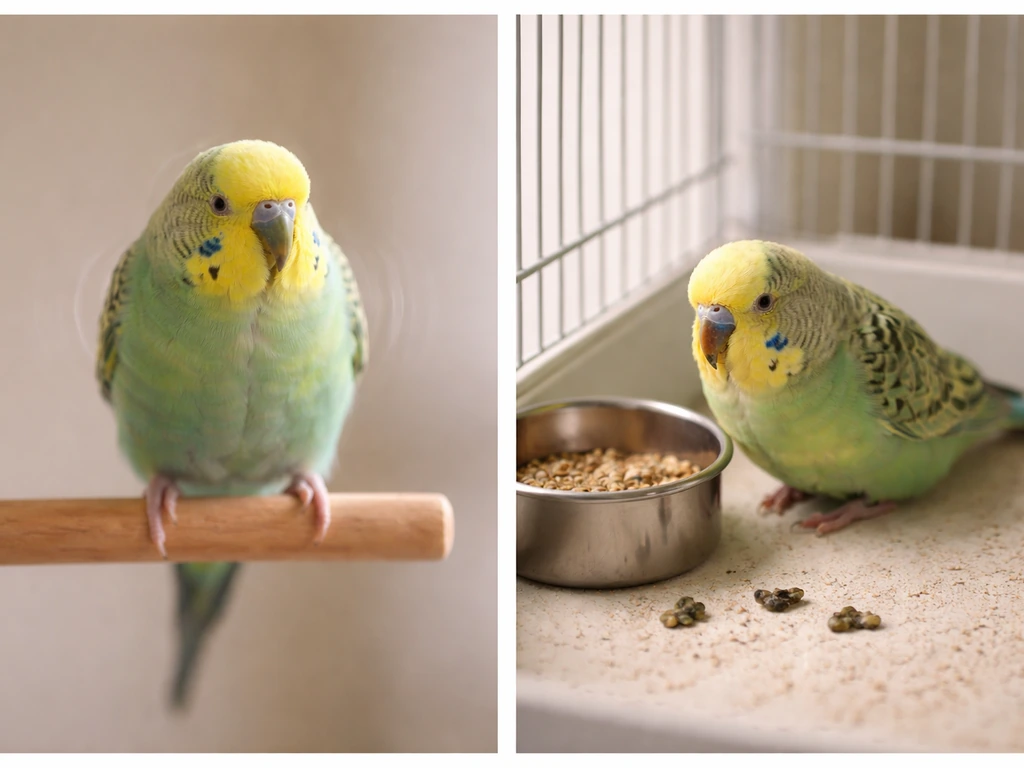 Split scene: one bird shaking on a perch vs another bird with regurgitation and abnormal droppings.