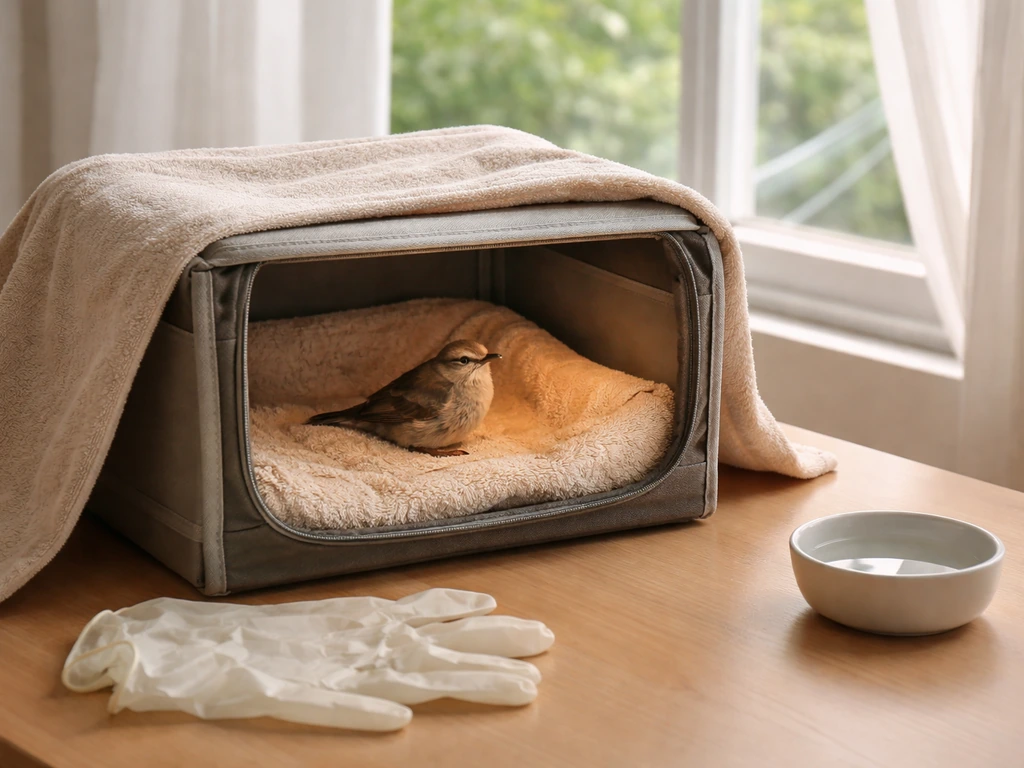 A small bird resting in a warm towel-lined carrier near an open window for fresh air