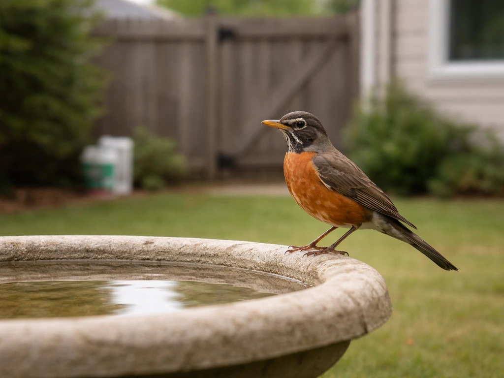 An alert robin near a birdbath with subtle yard threat cues like a chemical container and window reflections behind it.