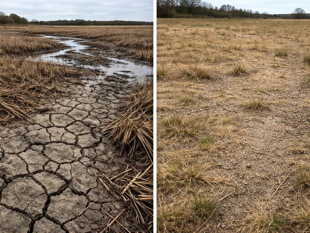 Split scene: drained wetland and cleared grassland beside sparse bird food sources and dry ground.