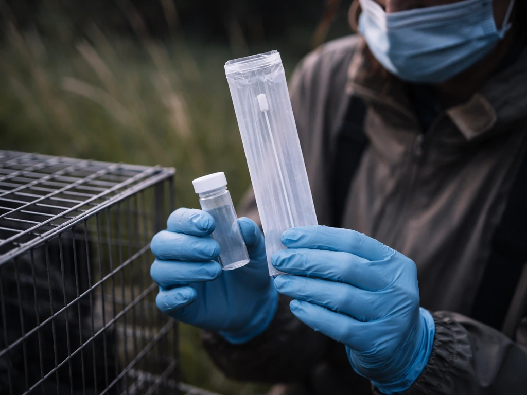 Gloved wildlife handler holding a sampling kit beside a cage in a dim field setting, suggesting avian disease checks.