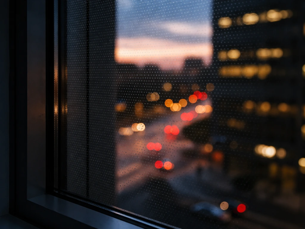 Close-up of an office window with visible bird-deterrent film pattern in a dusky city street scene.