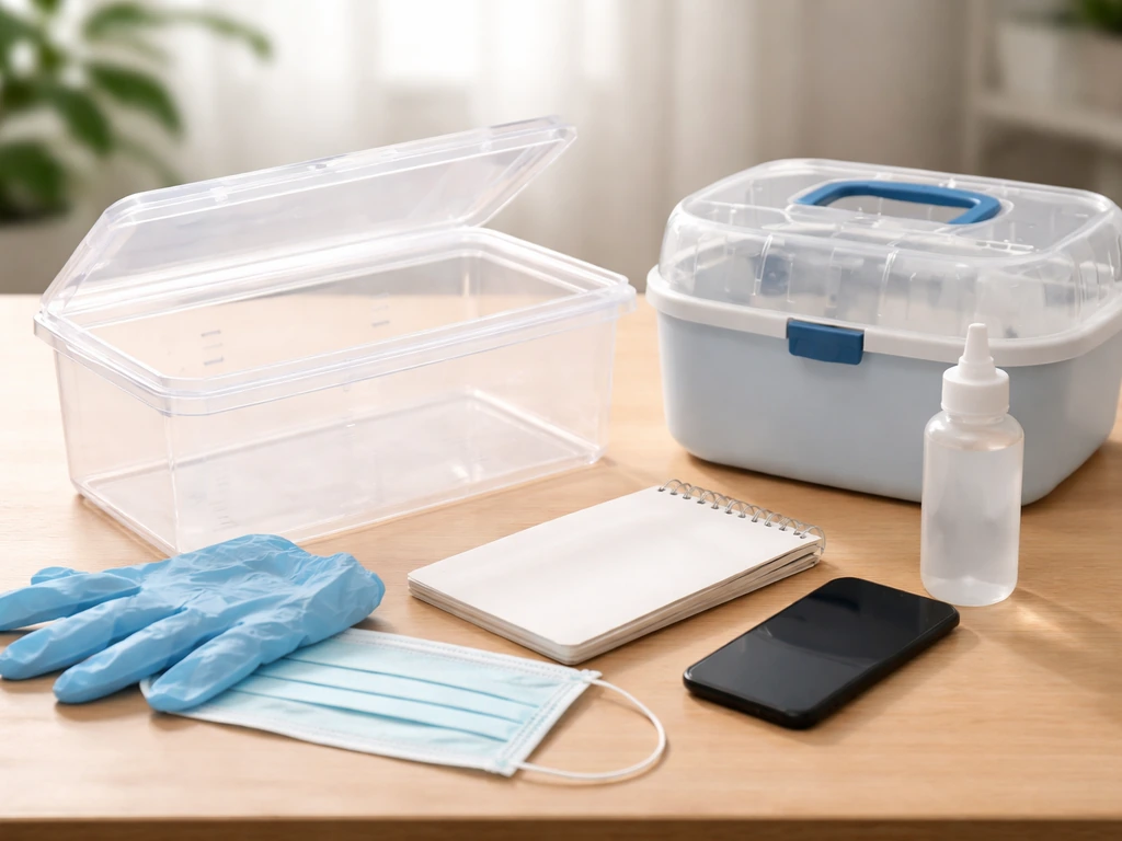 Tabletop with gloves, face mask, quarantine box, clean container, and phone for bird health checklist.