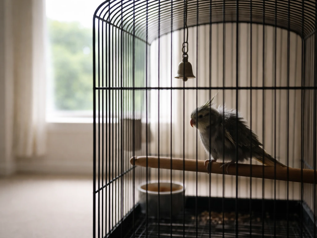 Indoor bird cage with a fluffed parakeet silhouette looking stressed, set in a calm, bright room.