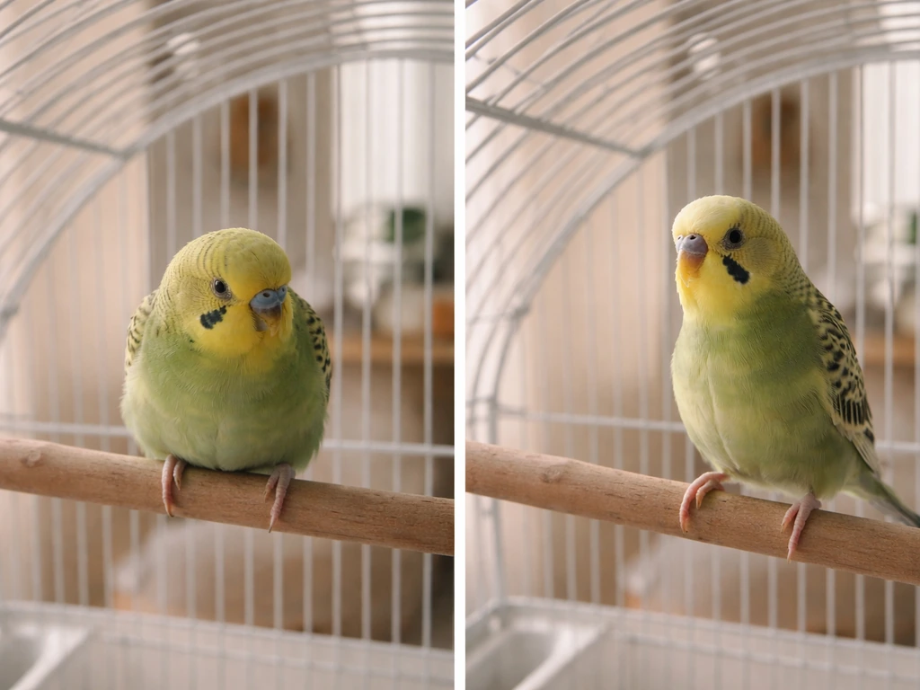 A budgie/cockatiel perched, then a split view showing healthy movement and posture