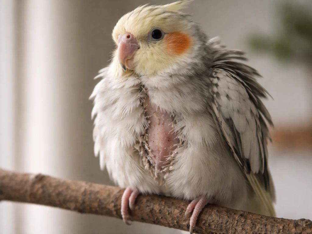 Close-up of a small pet bird with ruffled feathers, a small bald patch, and a bony chest prominence.