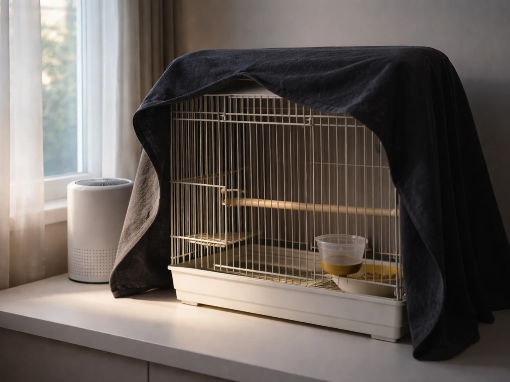 Clean bird cage with partial dark sleep cover near a window and an air purifier nearby, no bird visible.