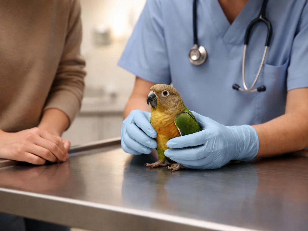 Anonymous vet and caregiver gently holding a parrot for a medical exam on an exam table.