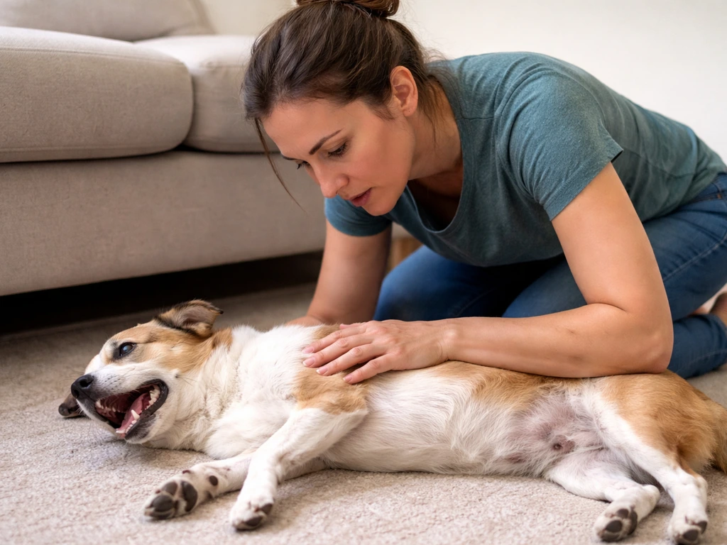 Pet owner kneeling beside a dog showing open-mouth, labored breathing and tail bobbing