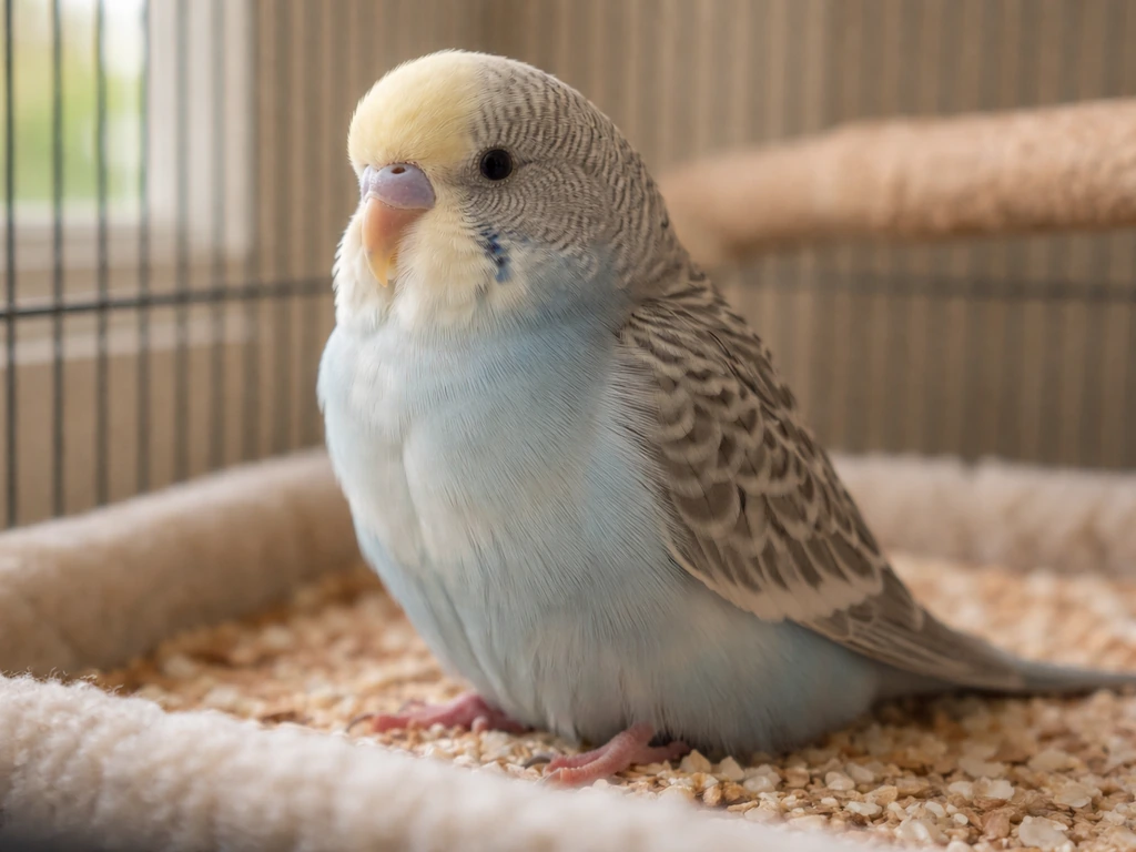 A small pet bird perched in a cozy cage, subtly fluffed and breathing noticeably.