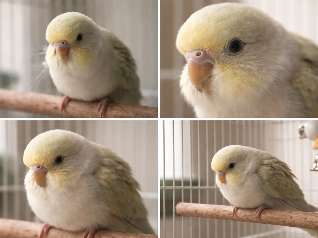 Minimal photo collage of a pet bird showing sneezing, slight nasal discharge, fluffed posture, and low activity.